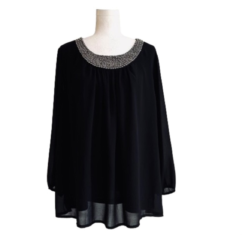 C.O.C. Blouse Black Silver Beading Embellished Neckline Semi Sheer Top 3X NEW